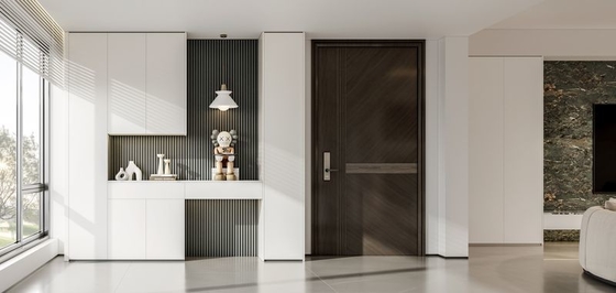 Stainless Steel Shoe Cabinet Solution With Press To Open Mechanism And Dark Gray Wall Panel