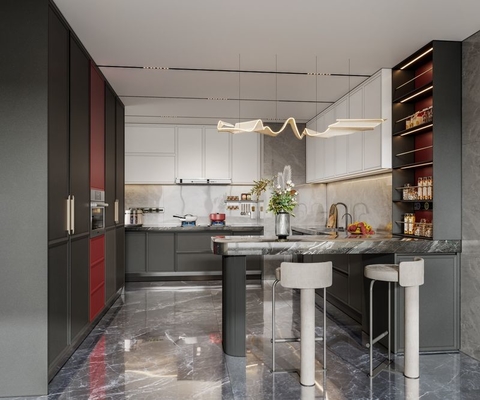 Modern Stainless Steel Kitchen Cabinet With Blush Red Accent And Extended Sinstered Stone Island