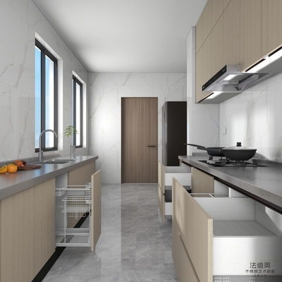 Stainless Steel Double Linear Kitchen Cabinets Light Wood Grain With Enhanced Storage Solution