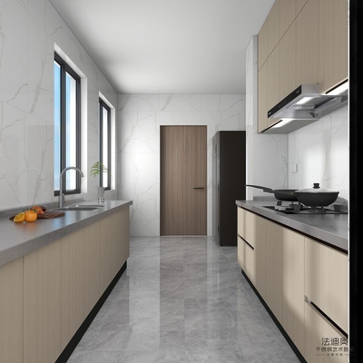 Stainless Steel Double Linear Kitchen Cabinets Light Wood Grain With Enhanced Storage Solution