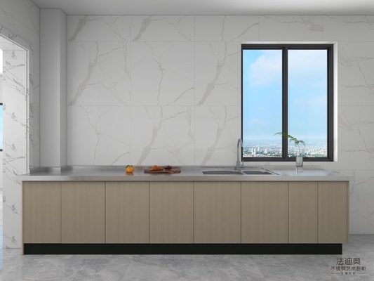 Stainless Steel Double Linear Kitchen Cabinets Light Wood Grain With Enhanced Storage Solution