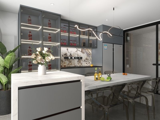 Gray-Blue Stainless Steel Double Linear Kitchen Cabinets With Wine Storage And Multifunctional Island