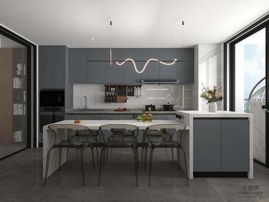 Gray-Blue Stainless Steel Double Linear Kitchen Cabinets With Wine Storage And Multifunctional Island