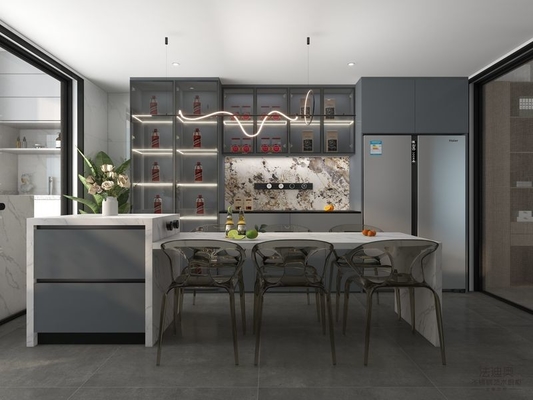 Gray-Blue Stainless Steel Double Linear Kitchen Cabinets With Wine Storage And Multifunctional Island