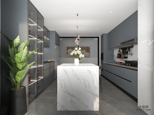 Gray-Blue Stainless Steel Double Linear Kitchen Cabinets With Wine Storage And Multifunctional Island