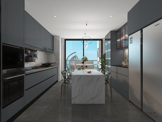 Gray-Blue Stainless Steel Double Linear Kitchen Cabinets With Wine Storage And Multifunctional Island