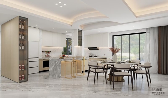 Wood Grain And White Stainless Steel U-Shaped Kitchen Cabinet With Multiple Storage