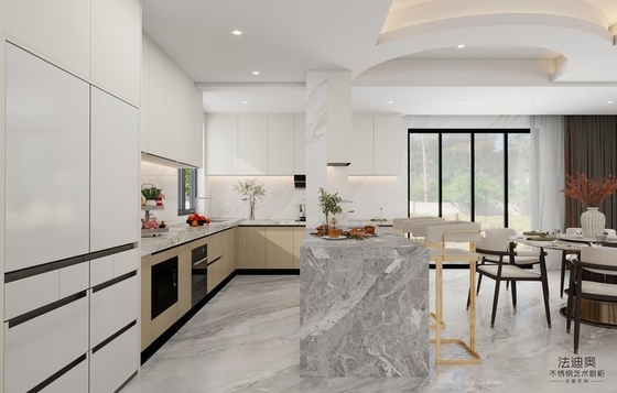 Wood Grain And White Stainless Steel U-Shaped Kitchen Cabinet With Multiple Storage