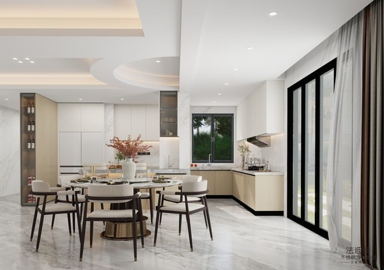 Wood Grain And White Stainless Steel U-Shaped Kitchen Cabinet With Multiple Storage