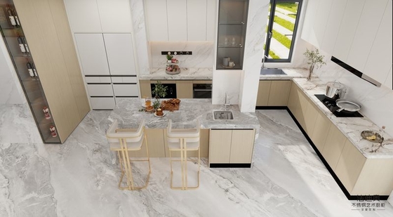 Wood Grain And White Stainless Steel U-Shaped Kitchen Cabinet With Multiple Storage