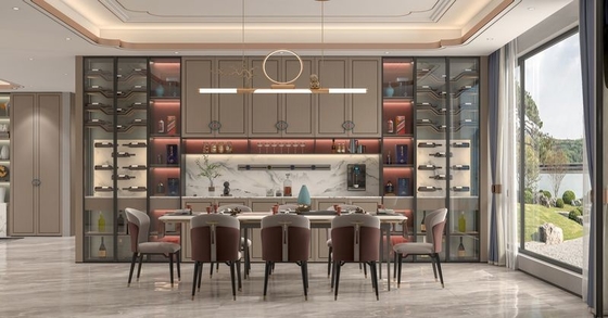 Wood Grain Stainless Steel Wine Cabinet With Red Back Panel And Built-In Lights