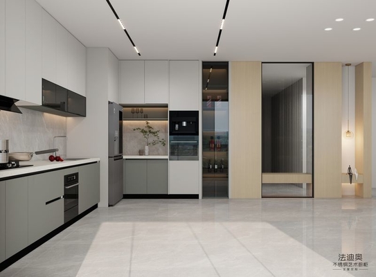 L-Shaped Layout Modern Stainless Steel Kitchen Cabinets With Functional Quartz Island