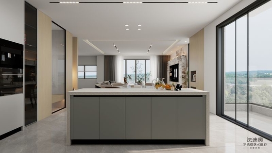 L-Shaped Layout Modern Stainless Steel Kitchen Cabinets With Functional Quartz Island