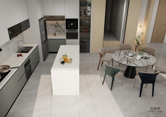 L-Shaped Layout Modern Stainless Steel Kitchen Cabinets With Functional Quartz Island