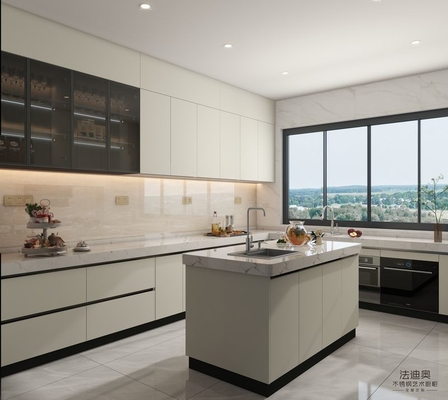 Off-White Stainless Steel U-Shaped Kitchen Cabinet With Seamlessly Integrated Design