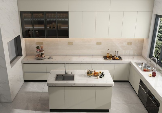 Off-White Stainless Steel U-Shaped Kitchen Cabinet With Seamlessly Integrated Design