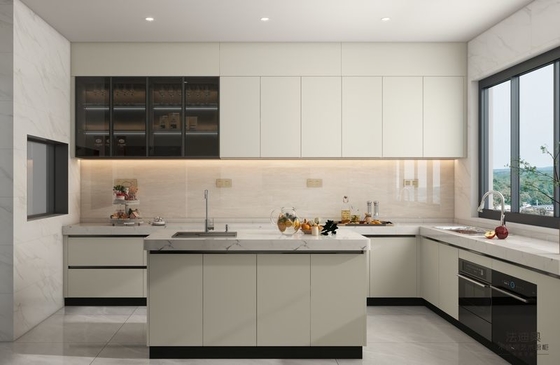 Off-White Stainless Steel U-Shaped Kitchen Cabinet With Seamlessly Integrated Design