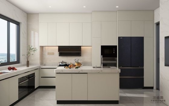 Off-White Stainless Steel U-Shaped Kitchen Cabinet With Seamlessly Integrated Design