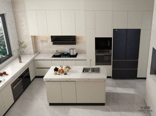 Off-White Stainless Steel U-Shaped Kitchen Cabinet With Seamlessly Integrated Design
