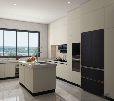 Off-White Stainless Steel U-Shaped Kitchen Cabinet With Seamlessly Integrated Design
