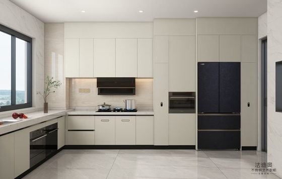Off-White Stainless Steel U-Shaped Kitchen Cabinet With Seamlessly Integrated Design