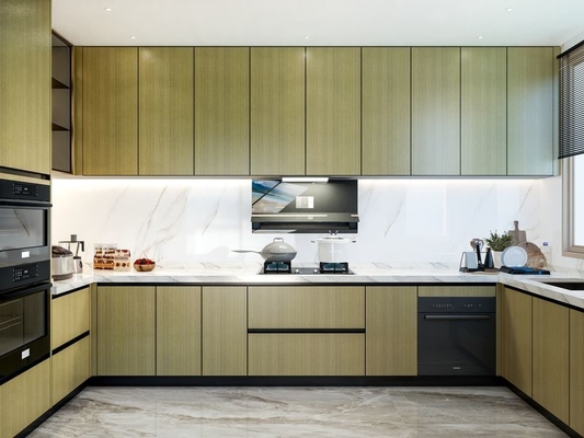 Fadior U-Shaped Wood Grain Stainless Steel Kitchen With  Handle-Free Design
