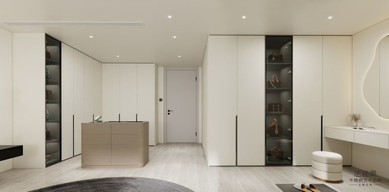 Elegant Stainless Steel Walk-In Closet With Wood Grain Island And Multiple Storage Solution