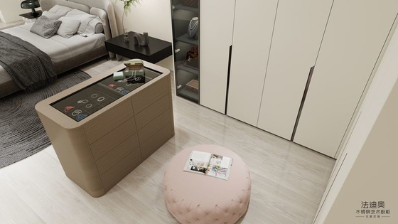 Elegant Stainless Steel Walk-In Closet With Wood Grain Island And Multiple Storage Solution