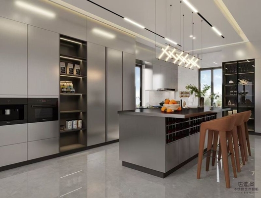 Fadior U-Shaped Original Stainless Steel Color Kitchen Cabinet With Wine Storage Island