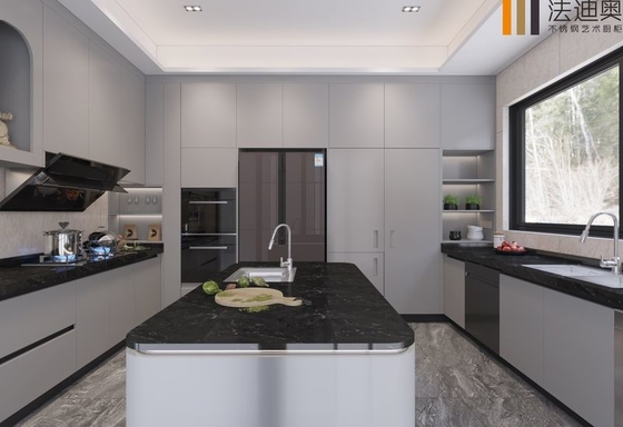 Fadior Muted Gray Stainless Steel Kitchen Cabinet With Galaxy Island
