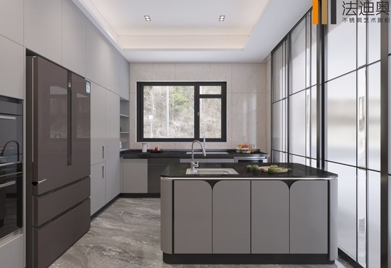 Fadior Muted Gray Stainless Steel Kitchen Cabinet With Galaxy Island