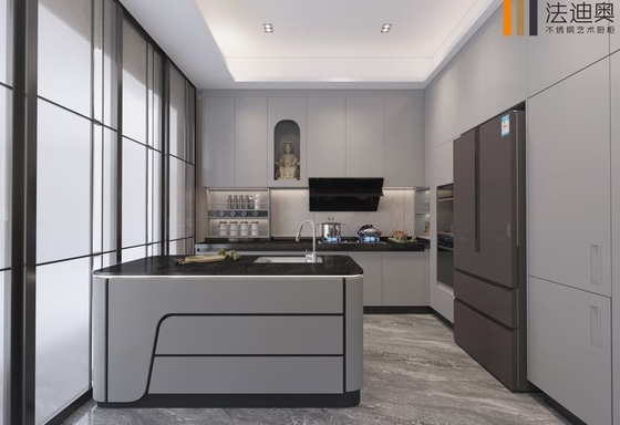 Fadior Muted Gray Stainless Steel Kitchen Cabinet With Galaxy Island