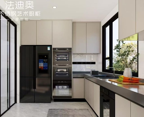 Fadior U-Shaped Stainless Steel Kitchen Cabinet With Warm Apricot Door Panel Design
