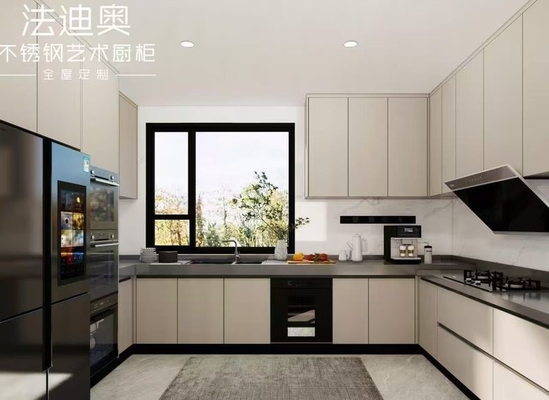 Fadior U-Shaped Stainless Steel Kitchen Cabinet With Warm Apricot Door Panel Design