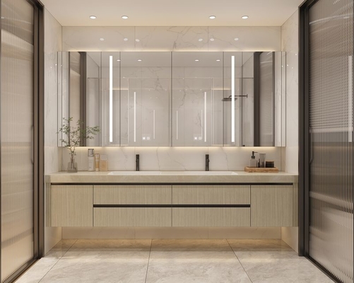 Wood Grain Durable Stainless Steel Floating Bathroom Vanity With Storage Solution