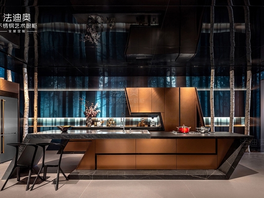 Rose Gold Modern Kitchen Cabinet With Geometric Lines And Stainless Steel Durability