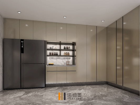 Full Encompassing Modern Kitchen Cabinet With Mica Brown Finish And Central Square Island