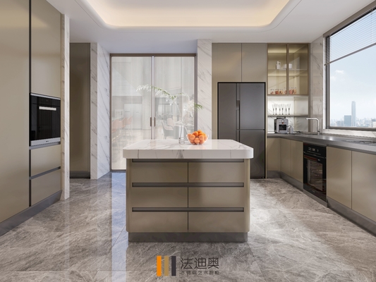 Full Encompassing Modern Kitchen Cabinet With Mica Brown Finish And Central Square Island