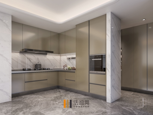 Full Encompassing Modern Kitchen Cabinet With Mica Brown Finish And Central Square Island