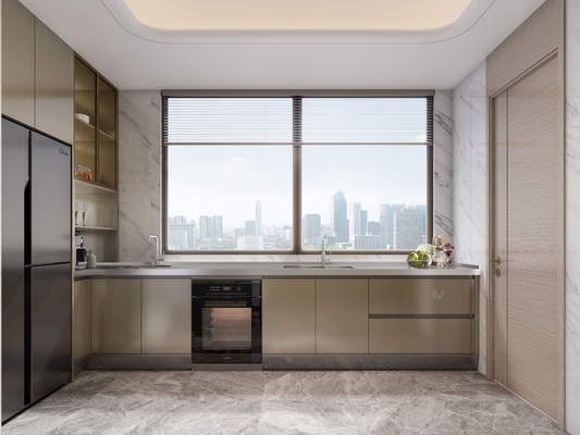 Full Encompassing Modern Kitchen Cabinet With Mica Brown Finish And Central Square Island
