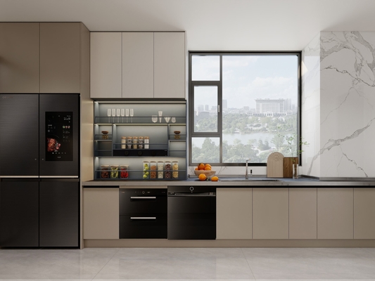 Off-White Stainless Steel U-Shaped Kitchen Cabinet With Seamlessly Integrated Design