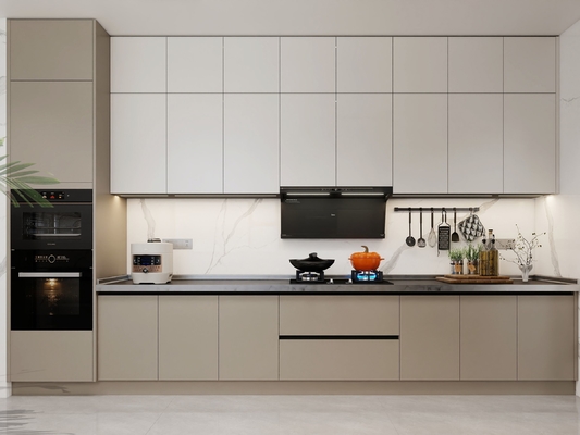 Off-White Stainless Steel U-Shaped Kitchen Cabinet With Seamlessly Integrated Design