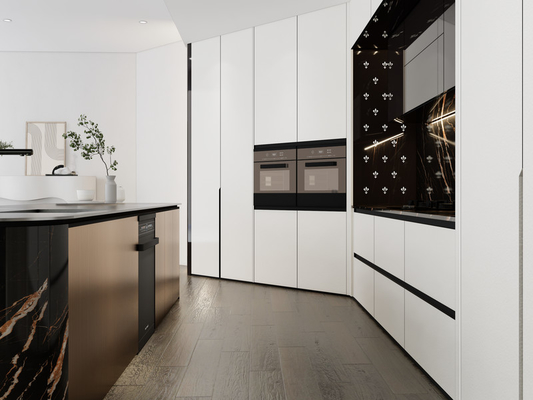 Luxury SS Modern Kitchen Cabinet With Multifunctional Curved Metallic Gold Island