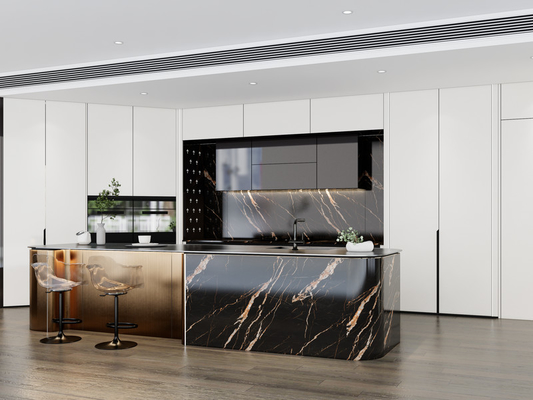 Luxury SS Modern Kitchen Cabinet With Multifunctional Curved Metallic Gold Island