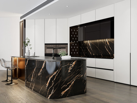 Luxury SS Modern Kitchen Cabinet With Multifunctional Curved Metallic Gold Island