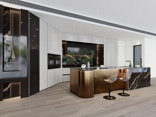 Luxury SS Modern Kitchen Cabinet With Multifunctional Curved Metallic Gold Island
