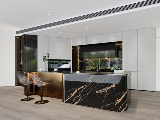 Luxury SS Modern Kitchen Cabinet With Multifunctional Curved Metallic Gold Island