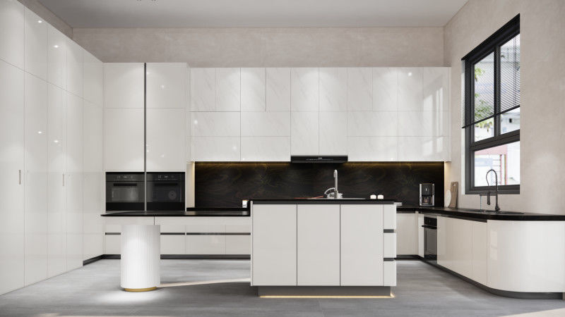U-shaped kitchen design with wine coloured cabinets with storage