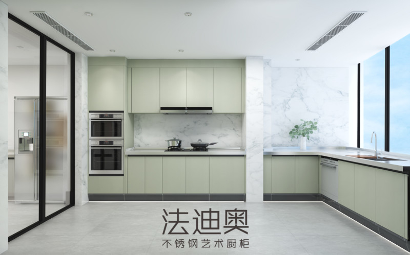 Fadior Closed Kitchen Cabinet With Refreshing Mung Bean Gray And White Marble