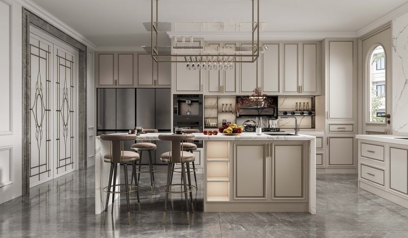 Chic Elegant Beige Modern Kitchen Cabinet  With Opulent White Marble Stainless Steel